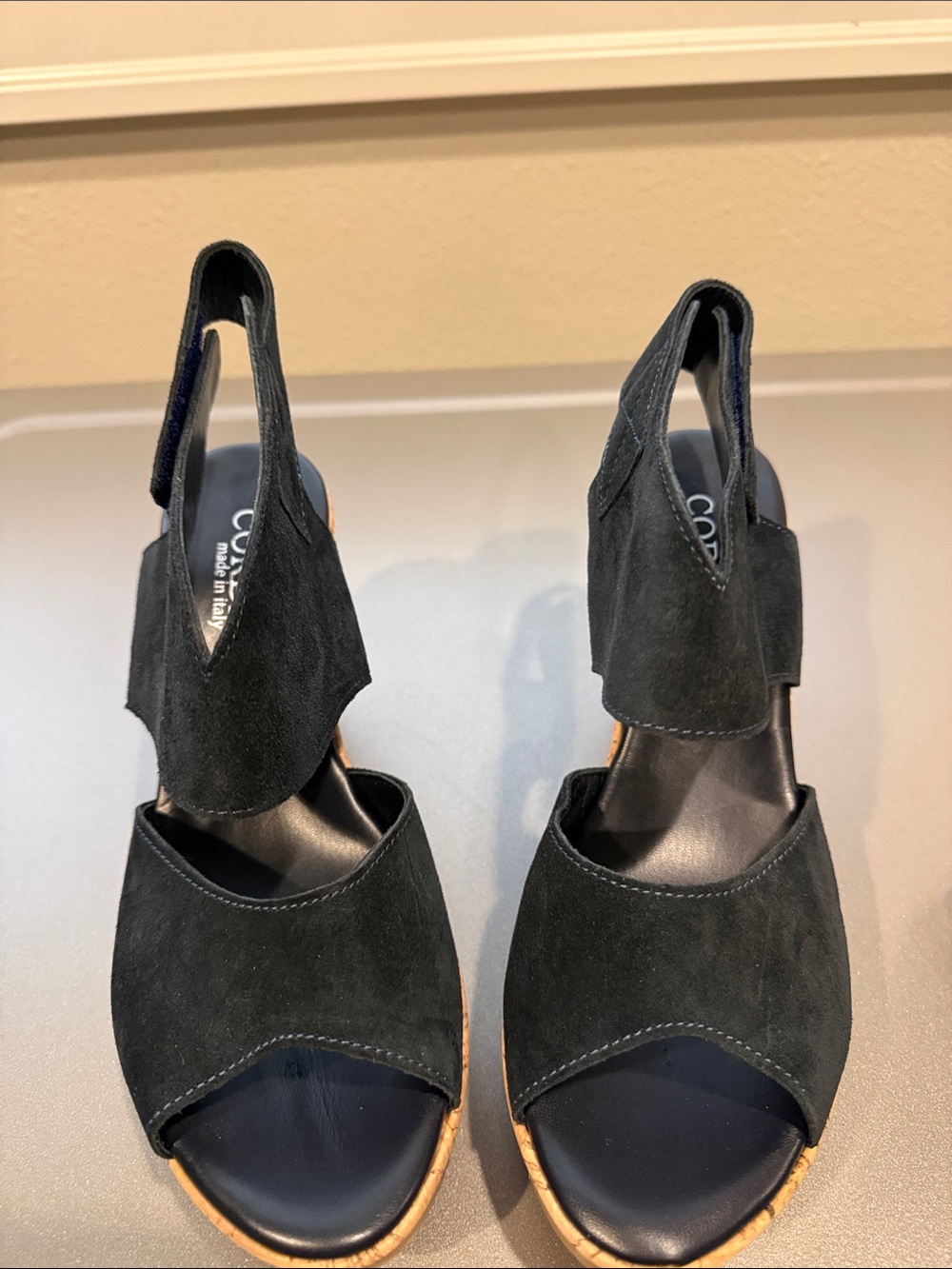 Cordani Black Suede Open-Toe Slingback Wedges